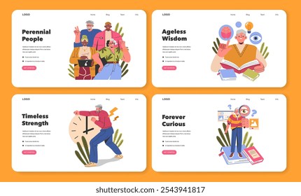 Age diversity set. Multigenerational unity and active lifestyle. Lifelong learning, enduring strength, and continuous curiosity themes. Vector illustration.