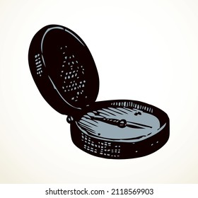 Age earth marine sea data hour arrow pointer dial object white text space backdrop. Outline black hand drawn camp point logo emblem banner. Concept design ancient art cartoon doodle engrave line style
