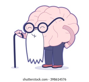 Age Flat Cartoon Vector Illustration - An Old Brain Wearing Round Glasses And Long White Beard Holding A Stick. Part Of A Brain Collection.