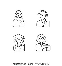 Age and gender differences linear icons set. Female pensioner. Male teenager. Adulthood. Female student. Customizable thin line contour symbols. Isolated vector outline illustrations. Editable stroke