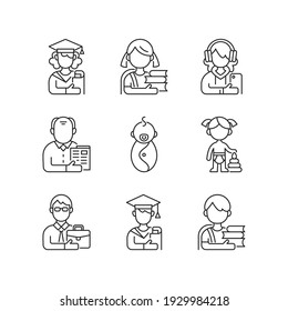 Age and gender differences linear icons set. Female and male student. Schoolgirl, schoolboy. Preschooler. Customizable thin line contour symbols. Isolated vector outline illustrations. Editable stroke