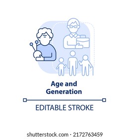 Age and generation light blue concept icon. Type of diversity abstract idea thin line illustration. Older, younger workers. Isolated outline drawing. Editable stroke. Arial, Myriad Pro-Bold fonts used