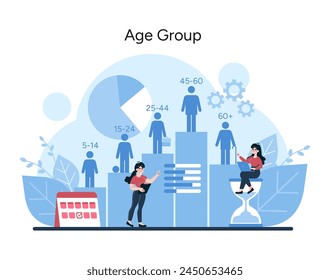 Concepto de grupo de Edad. Ilustración dinámica que representa el análisis de mercado en diversas categorías de edad, desde jóvenes hasta personas mayores. Ilustración vectorial