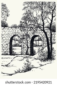 Age high urban arc path way cold frost yard pond bank scene outline black ink pen hand drawn brook paper art retro doodle line style. Scenic dusk tall wild maple plant creek view white sky text space