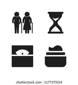 age icon. 4 age vector icons set. measuring, skin and elderly couple silhouettes with canes icons for web and design about age theme