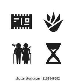 age icon. 4 age vector icons set. elderly couple, postcard and hour glass icons for web and design about age theme