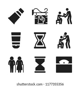 age icon. 9 age vector icons set. health care, signage and elderly couple silhouettes with canes icons for web and design about age theme