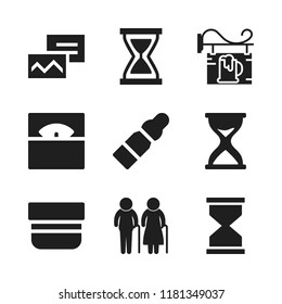 age icon. 9 age vector icons set. sand clock, skin and postcard icons for web and design about age theme