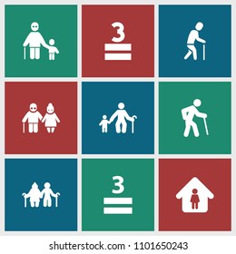 Age icon. collection of 9 age filled icons such as man in home, old man, old man with child, old couple. editable age icons for web and mobile.