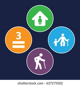 Age icons set. set of 4 age filled icons such as man in home, 3 allowed, old man