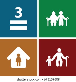 Age icons set. set of 4 age filled icons such as man in home, 3 allowed, old man with child