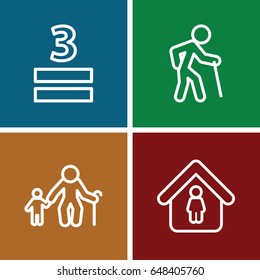 Age icons set. set of 4 age outline icons such as man in home, 3 allowed, old man