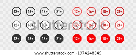 Age limit. Big set icons 12, 16, 18 and 21 plus. Black andred button. Vector illustration isolated