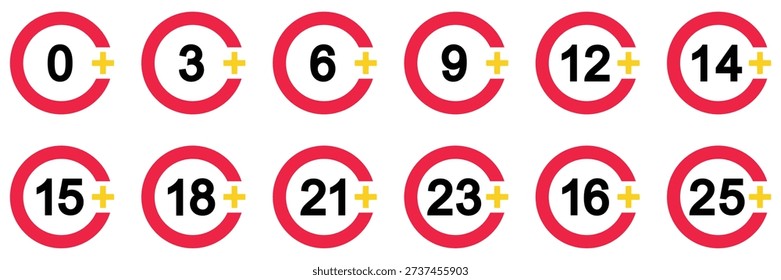 Age limit concept icons. set of signs age restriction. Set of adult icons over 0+, 18+, 21+, 23+ years old black and red circle. Vector illustration.