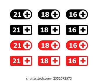 Age limit icon set. 21+, 18+, 16+ limit. Silhouette  Flat Style. Vector icons