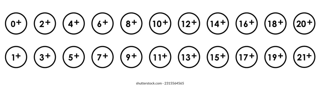 Juego de iconos de límite de edad. Sólo contenido para adultos. para los signos, emblemas o etiquetas de 0, 3, 6,12, 14, 16, 18, 21 más años. Asegurar la advertencia. Vector