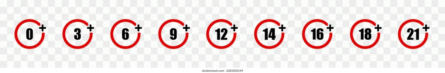 Juego de iconos de límite de edad. Restricción de edad 0, 3, 6,12, 14, 16, 18, 21 años y más. Insignias de restricción de la edad redonda. Signo de límite de edad. Ilustración vectorial.