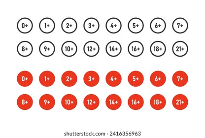 Age limit icon set, age restrictions sign. Outline and flat high quality vector illustration