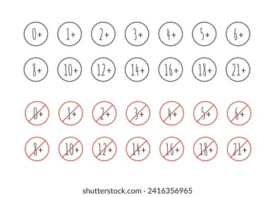 Juego de iconos límite de edad, restricciones de edad señalizan estilo dibujado a mano. Ilustración vectorial de alta calidad