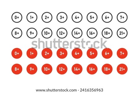 Age limit icon set, age restrictions sign. Outline and flat high quality vector illustration