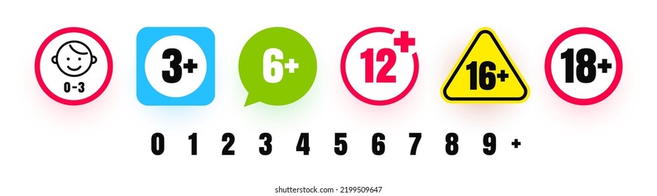 Age limit icons for kids and teenagers. Creating icon with age restrictions. 0, 3, 6, 12, 16,18 years old signs for toys, food and alcoholic drinks. Set of age restrictions signs. Vector elements