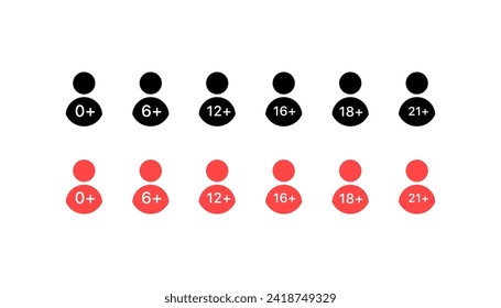 Age limit icons. Minimum icon age. Silhouette and flat. Vector icons