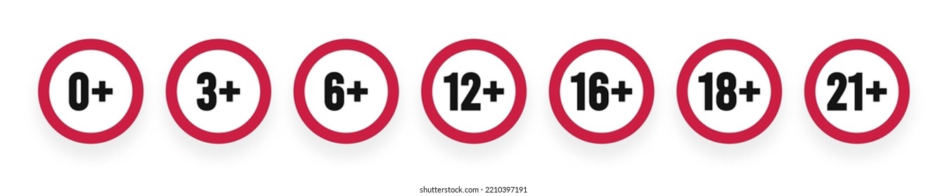 Age limit icons. Age restriction for kids, teenager, adult. 0, 3, 6, 12, 16, 18, 21 year signs for toy. Icons for age-old restrictions of media content, alcoholic drink, food, tobacco product. Vector.