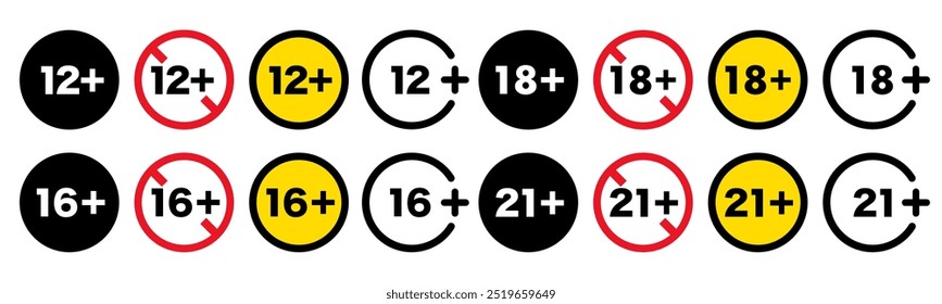 Ícones de limite de idade definidos. Limites de idade de 12, 16, 18, 21 anos isolados sobre fundo branco. Menores e maiores de 18 não assinam. Números de aviso de idade em círculo. Ilustração vetorial.
