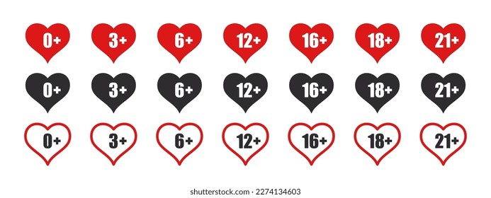 Age limit icons set. Age limit icons in the form of hearts. Recommended age limit. Vector images