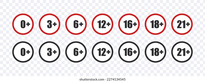 Age limit icons set. Round age restriction badges. Recommended age limit. Vector illustration