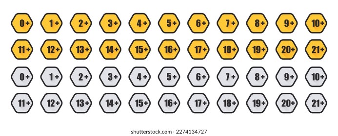 Age limit icons set. Yellow and gray age restriction badges. Recommended age limit. Vector images