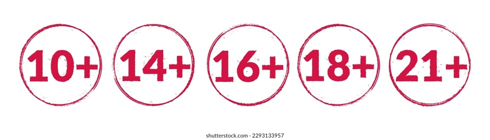 Age limit red stamp icon vector set. Year plus sign. Notification symbol, underage restriction, attention number, warning sticker, color circle stencil. Grunge label. Adult kids round mark