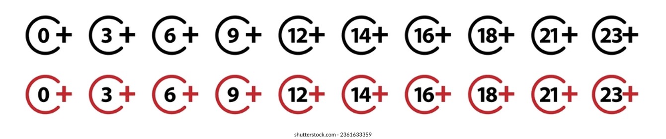 Altersbegrenzungszeichen. 0, 3, 6, 9, 12, 14, 18, 21, 23 plus Vektorsymbole