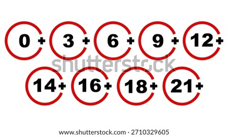 Age limit sign set with 0+, 3+, 6+, 12+, 14+, 16+, 18+ and 21+ symbols. Adult content restriction icons, censorship warning labels, age rating badges. Vector isolated illustration.