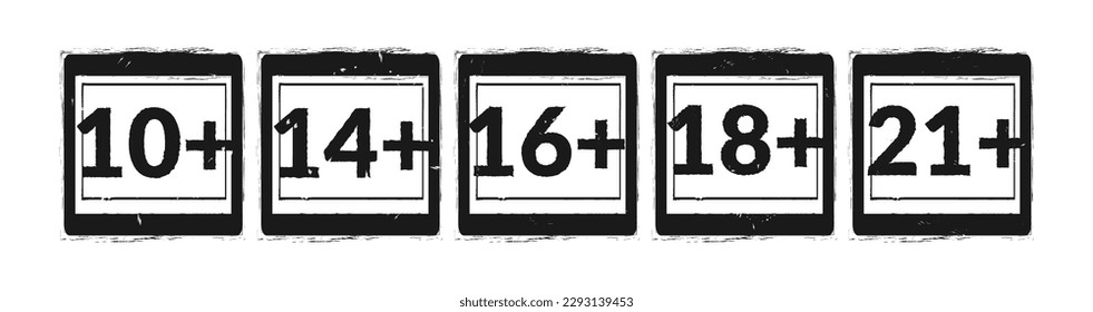 Age limit square stamp icon vector set. Year plus sign. Notification symbol, underage restriction, attention number, warning sticker, black grungy stencil. Grunge label. Age mark, hand drawn button