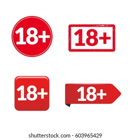Age limit stamp. Under eighteen red and white signs, isolated, vector illustration.