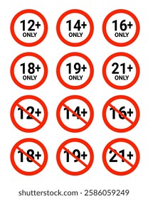 Age limit under 18 years 18 plus only icon. Age limit under 16 years old is forbidden circle sign symbol. Under 18 sign in on white background. Over 18 only censored.