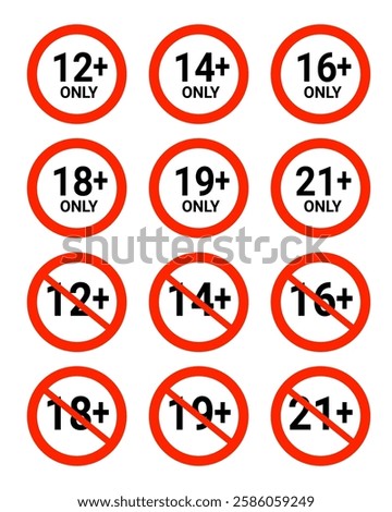 Age limit under 18 years 18 plus only icon. Age limit under 16 years old is forbidden circle sign symbol. Under 18 sign in on white background. Over 18 only censored.