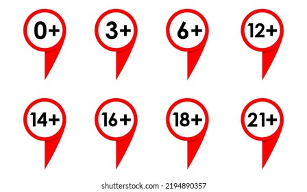 age limit warning sins, vector map pointer icons set