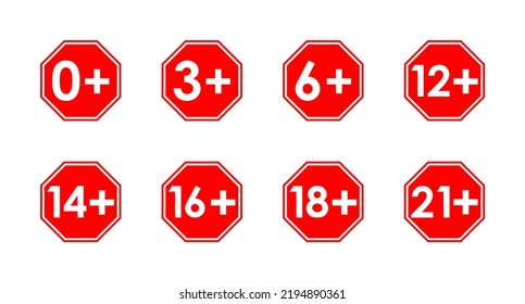 age limit warning sins, vector red octagonal icons set
