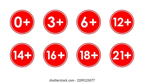 age limit warning sins, vector red circles icons set