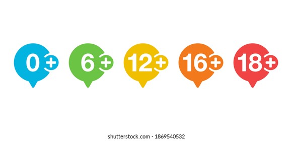 Age limits pictograms set for censoring of different categories for children and adults - 0, 6, 12, 16, 18 plus ages - vector emblems collection
