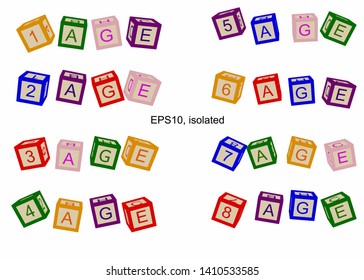 Age line,  numbers of ages. Illustration for books or posters. Numbers and text on blocks or child cubes.
