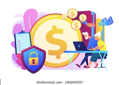 Age Pension, Money Savings. Online Banking Account Protection. Elderly Financial Security, Elderly Poverty Problem, Seniors Budget Planning Concept. Bright Vibrant Violet Vector Isolated Illustration