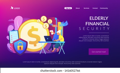 Age pension, money savings. Online banking account protection. Elderly financial security, elderly poverty problem, seniors budget planning concept. Website homepage landing web page template.