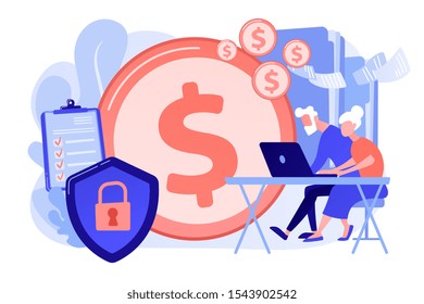 Age pension, money savings. Online banking account protection. Elderly financial security, elderly poverty problem, seniors budget planning concept. Pinkish coral bluevector isolated illustration