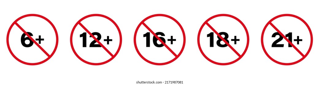 Age Plus Older Black Silhouette Icon. Toys Under Age Limit Forbid Pictogram. 6 12 16 18 21 Years Plus Red Stop Circle Symbol. Prohibited Child No Allowed Underage Sign. Isolated Vector Illustration