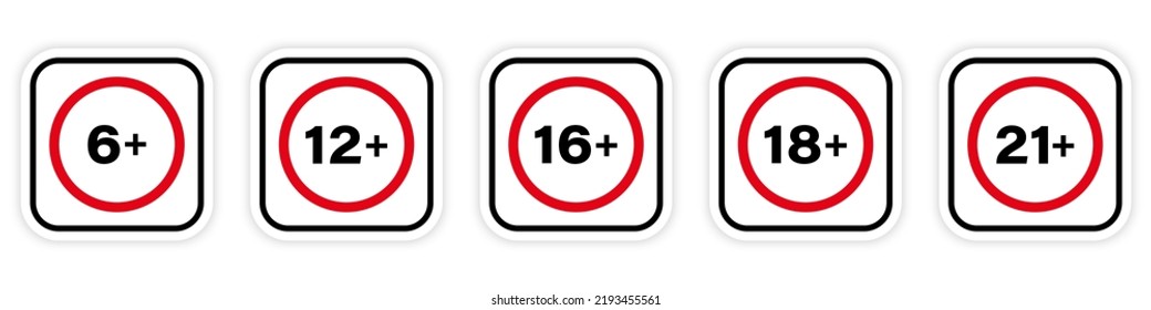 Age Plus Older Black Silhouette Icon. Toys Under Age Limit Forbid Pictogram. 6 12 16 18 21 Years Plus Red Stop Circle Symbol. Prohibited Child No Allowed Underage Sign. Isolated Vector Illustration.