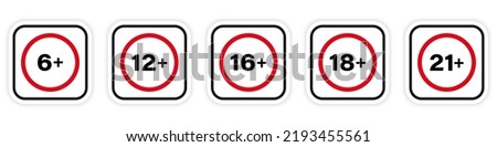 Age Plus Older Black Silhouette Icon. Toys Under Age Limit Forbid Pictogram. 6 12 16 18 21 Years Plus Red Stop Circle Symbol. Prohibited Child No Allowed Underage Sign. Isolated Vector Illustration.