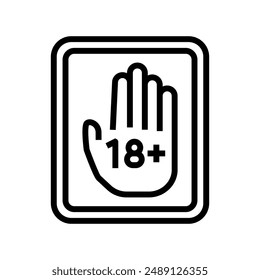 Vektorgrafik des Symbols "Age Prevent Product Label Caution Line". "Age Prevent Product Label Caution". Isoliertes Kontursymbol